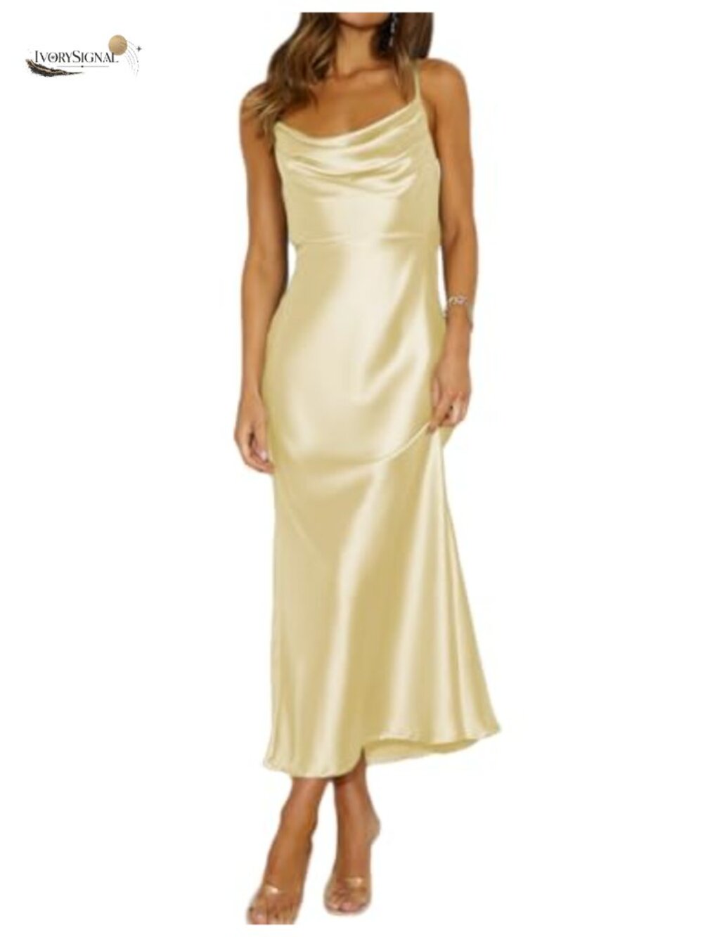 Satin Cowl Neck Backless Midi Dress Adjustable Spaghetti Strap Wedding Guest